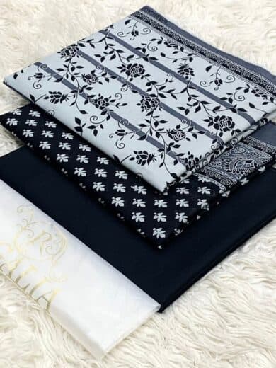 Elegant traditional black and white embroidered fabric collection for Alikraam-Attire. Perfect for s.
