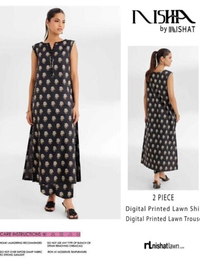 Elegant black and gold printed ethnic dress with digital printed lawn trousers, perfect for traditio.
